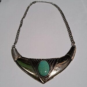 Silver and turquoise color bib necklace huge chunky